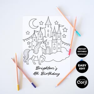 Editable Unicorn Coloring Page Personalized Birthday Activity Printable Party Favor For Kids Pastel Princess Castle Coloring Sheet Digital