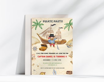 May include: A pirate-themed birthday party invitation with a cartoon pirate on a ship, palm trees, and treasure chests. The text reads "Pirate Party", "Come find some treasure and join the fun", "Captain Daniel is turning 1!", "December 1 | 3 PM - 5 PM", "88 Gold Coin Lane Diamondville, Los Angeles, CA", and "RSVP to Captain Mandy by Nov 15 | 888-000-0000".