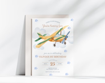Convite de aniversário de avião editável convite para festa de voo tema de aviação aniversário de menino viagem aventura impressão download instantâneo