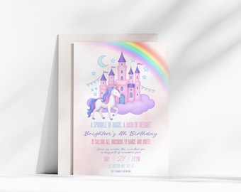 Invitación de cumpleaños de unicornio: Fiesta de princesa arcoíris pastel (Descarga digital de 13 x 18 cm)