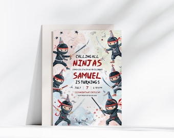 May include: A colorful invitation for a 5th birthday party with a ninja theme. The invitation features a watercolor background with stars and a cartoon ninja in black and red. The text reads "Calling all Ninjas Come kick it with us to celebrate Samuel is turning 5 July 7 6:10 PM 225 Knight Way Castle NY RSVP to 555-555-5555".