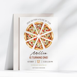 May include: A white invitation card with a watercolor illustration of a pizza cut into eight slices. The text reads "Join us for a slice of fun" and "Millie is turning one!" with the date and time.