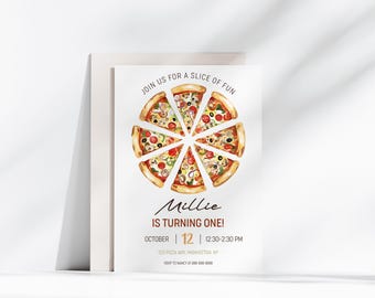 Invitación de cumpleaños para fiesta de pizza, editable, temática de pizza divertida, invitación para primer cumpleaños de niño y niña, plantilla imprimible con temática de pizza, descarga instantánea