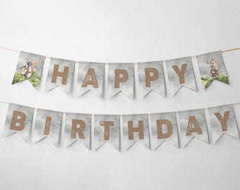 Verjaardagsbanner ridder en draak: feestdecor middeleeuws kasteel (digitale download)