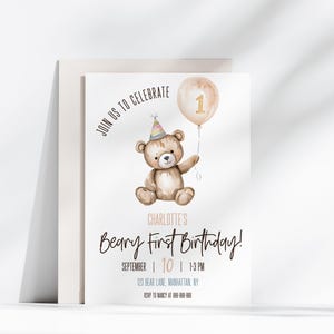 Bärische Einladung zum 1. Geburtstag, bearbeitbare Vorlage zum 1. Geburtstag, Teddybär-Party einladen, Mädchen zum ersten Geburtstag, Sofort-Download