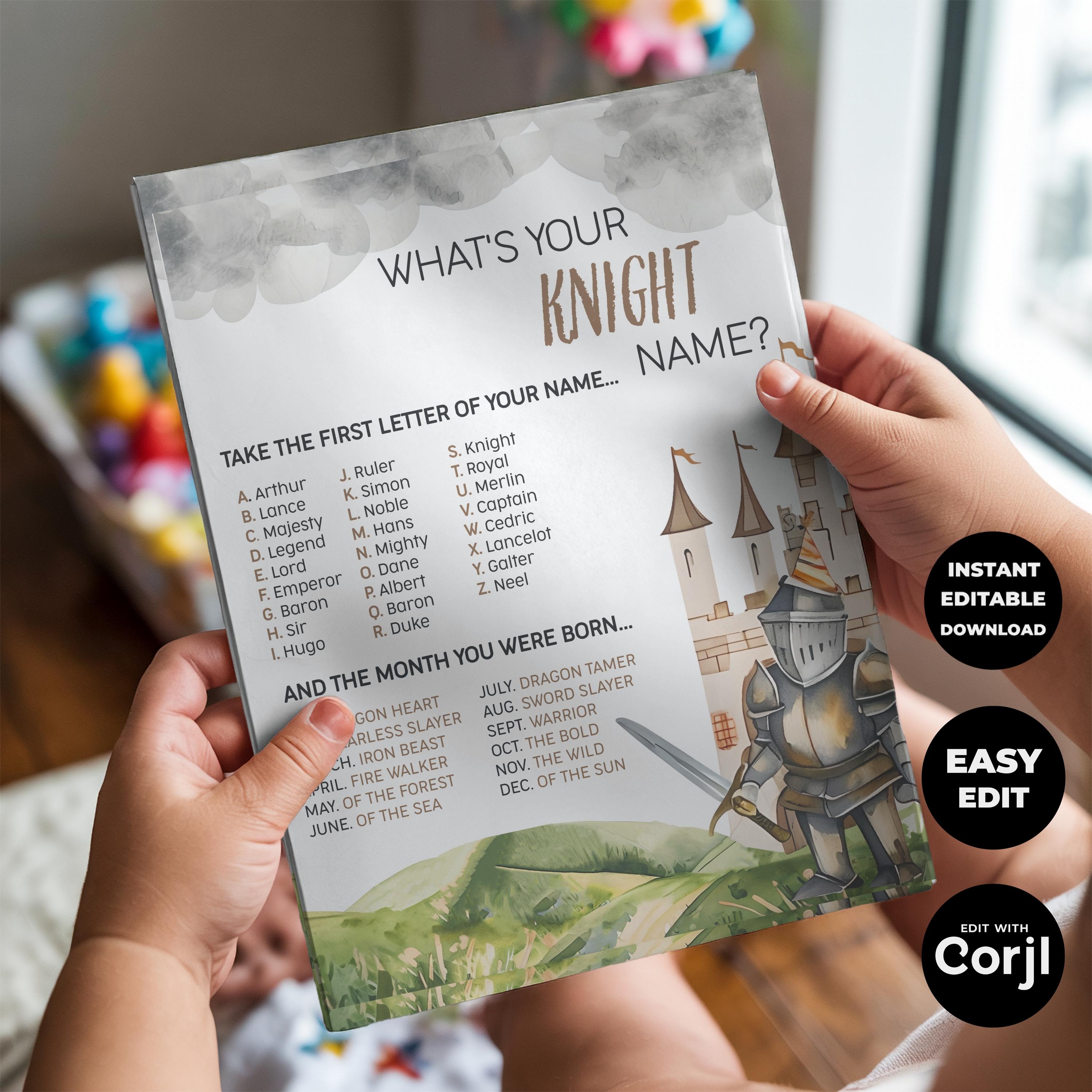 Knight Name Game: Medieval Birthday Party Activity (corjl Template ...