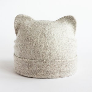 Felted hat with ears for adult Cat ears beanie from melange beige or gray wool Cat lover gift