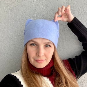 Cute blue cat beanie women Funny cat lover gift Felted wool cat ear beanie warm fall winter animal hat Birthday gift for daughter from mom