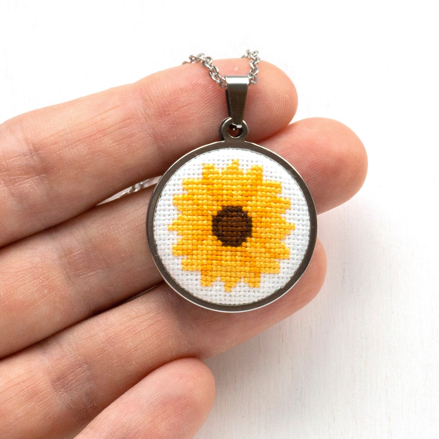 Embroidered Sunflower Necklace for Women Dainty Wildflower Etsy