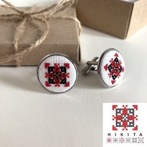 Unique Ukraine jewelry talisman cufflinks for men Encrypted custom name cuff links  in cross stitch embroidery Ukrainian gift for him