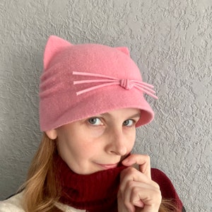 Cute red cat ear hat with small visor Christmas gift for cat lovers Felted wool cat hat with whiskers for women Funny gift for friend woman #18-bridesmaid