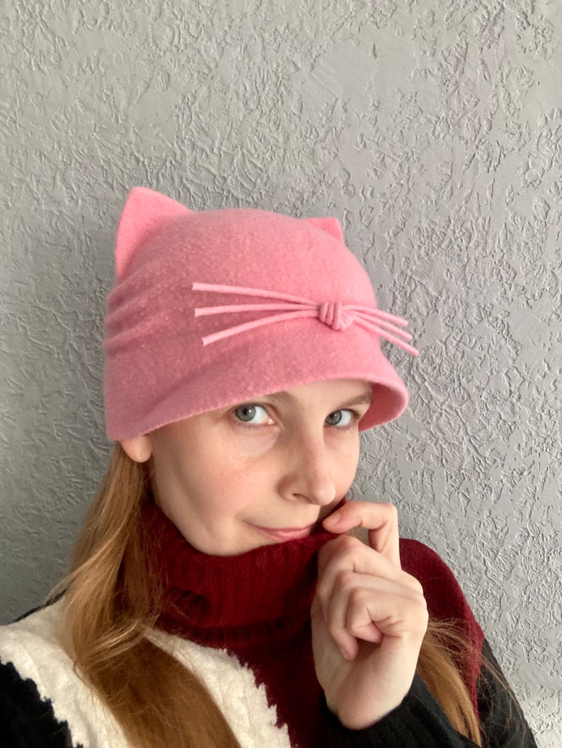 Cute red cat ear hat with small visor Christmas gift for cat lovers Felted wool cat hat with whiskers for women Funny gift for friend woman #18-bridesmaid