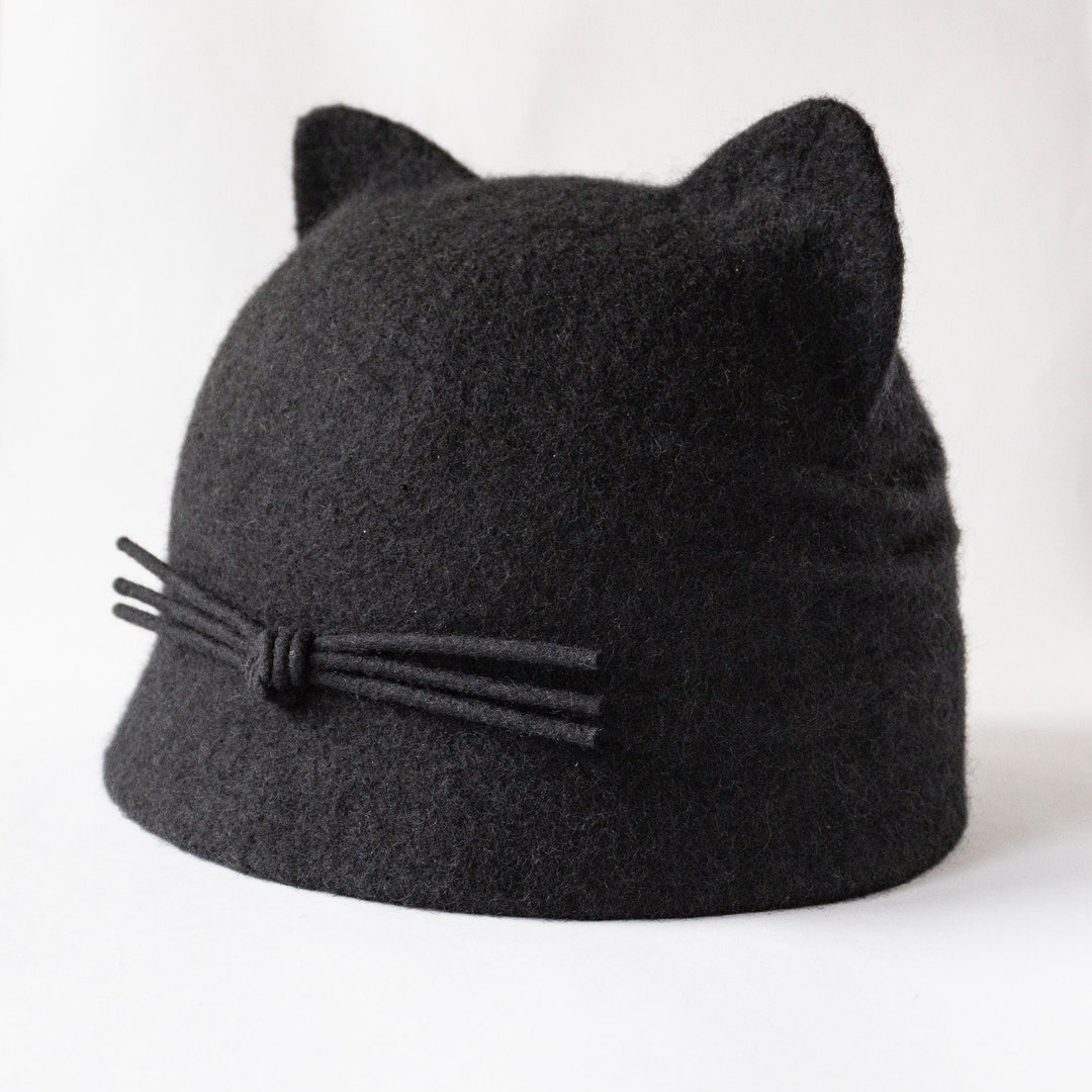 Black Cat Ear Hat With Small Visor, Felted Wool Cat Hat With Whiskers for Women, Funny Gift for