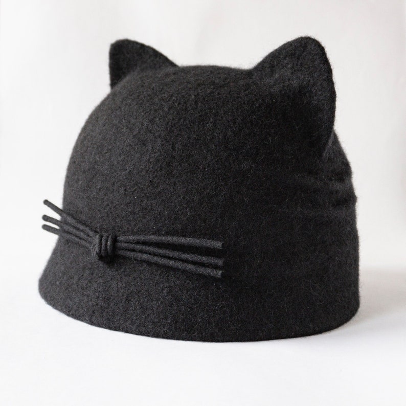 Cute red cat ear hat with small visor Christmas gift for cat lovers Felted wool cat hat with whiskers for women Funny gift for friend woman #34-graphite