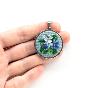 Violet flower lily of the valley necklace pendant Embroidered wildflower jewelry Birthday gift for women Wife birthday gift from husband image 8