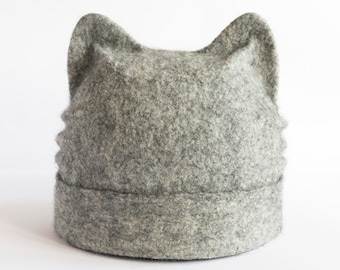 Wool cat ear hat for women Felted wool beanie with cat ears for adult Cat lover gift