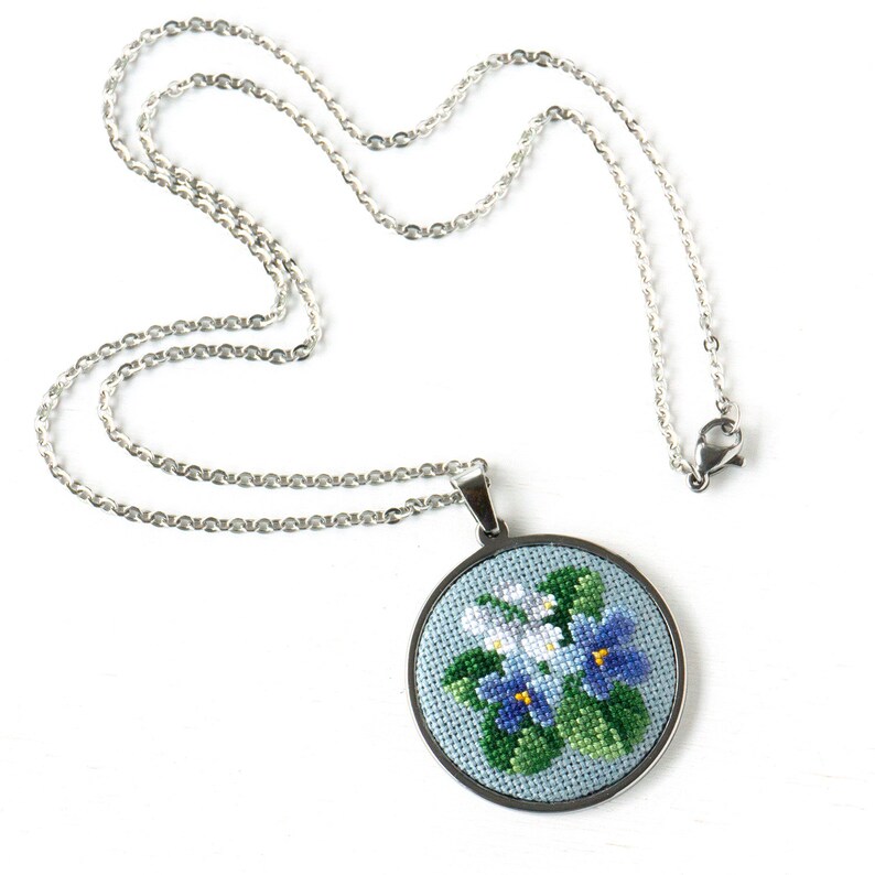 Violet flower lily of the valley necklace pendant Embroidered wildflower jewelry Birthday gift for women Wife birthday gift from husband image 7