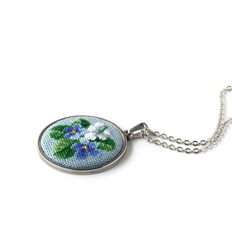 Violet flower lily of the valley necklace pendant Embroidered wildflower jewelry Birthday gift for women Wife birthday gift from husband image 2