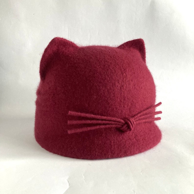 Cute red cat ear hat with small visor Christmas gift for cat lovers Felted wool cat hat with whiskers for women Funny gift for friend woman #20-soft fruit