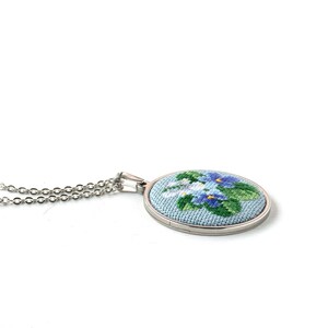Violet flower lily of the valley necklace pendant Embroidered wildflower jewelry Birthday gift for women Wife birthday gift from husband image 3