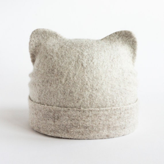 Cute Felted Cat Ears Beanie Melange Beige Merino Wool Hat  display picture 2