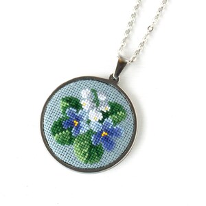 Violet flower lily of the valley necklace pendant Embroidered wildflower jewelry Birthday gift for women Wife birthday gift from husband image 6