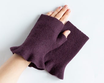 Purple merino wool arm warmers women Fall spring felted fingerless gloves with ruffle Cute cozy gift for best friend female birthday