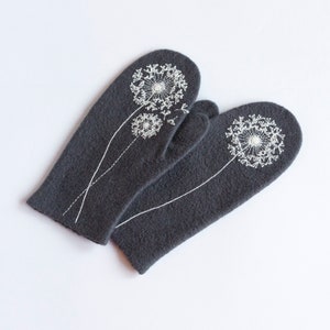 Embroidered felted wool mittens with dandelion for women, Dark gray warm winter gloves with hand embroidery flowers Christmas gift for her