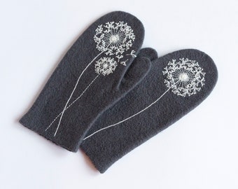 Embroidered felted wool mittens with dandelion for women, Dark gray warm winter gloves with hand embroidery flowers Christmas gift for her