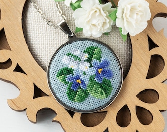 Violet flower lily of the valley necklace pendant Embroidered wildflower jewelry Birthday gift for women Wife birthday gift from husband