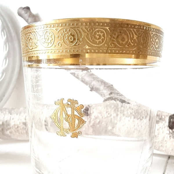 Raro vetro monogramma Theresienthal, bordo in oro Concord Mintonborde, bicchiere d'acqua, cristallo placcato oro 24K, regalo BARWARE BARKEEPER degli anni '50