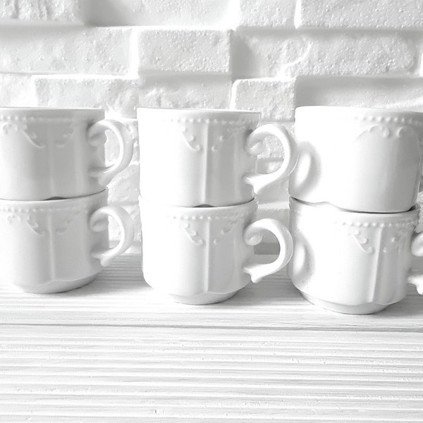WHiTE BASiCS Bistro Espresso Cups Set of 6 White, Relief Decor Pearl Edge, France Country House Nordic Living, White Loft Porcelain Pure