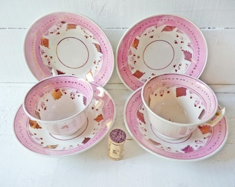 Antieke Davenport verzamel-theekopjes met roze glansdecor, Biedermeier-theekopjes met koperglans, roze Cottage-kopje en schotel, Sunderland, set van elk 3 stuks