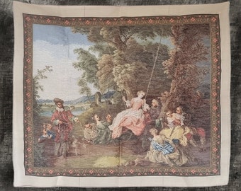 Vintage handgemaakt wandtapijt "Pleasure Garden", groot wandtapijt borduurwerk, landschapsscène, mensen, kasteel, Rococo, Aubusson-stijl decor