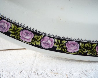 Groot bord uit Sarreguemines, Frankrijk, met roze rozendecor, Art Nouveau Art Deco, Frans vintage keramiek, shabby chic landelijke cottagestijl