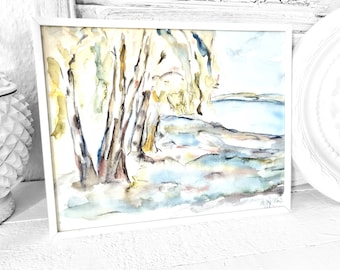 Gesigneerd vintage aquarelschilderij van berkenbomen, wilgen en water. Aquarellen, licht, natuurschilderij, bos, meer, landhuisdecoratie, pastel, minimalistisch.