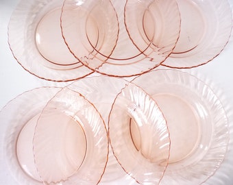 Set roze Arcoroc borden, Franse stijl, Boho landhuis Nordic living, Frans bistro servies, roze grapefruit dinerborden met golvende rand