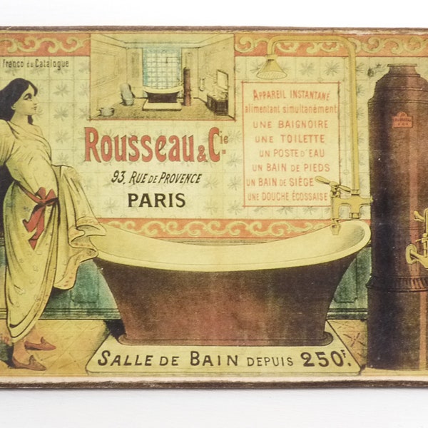 Vintage Bild Frankreich Frau Badezimmer Badewanne Ofen, Retro Werbung Rousseau Rue de Provence Paris, Geschenk Reise Wohnungseinweihung Büro