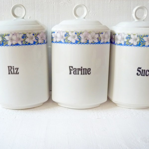 France Cherry Blossom Storage Jars, Art Deco Artist Boheme, Floral Decor Blue White, France Brocante Spice Jars, Vintage Country House Kitchen