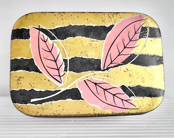 Vintage blikken doos XOX koekjes KLEVE kusjes Art Deco Rockabilly goud zwart abrikoos bladeren shabby patina blik retro keuken verzamelaars sieradendoos