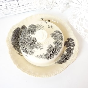 Rare Art Deco butter dish, Grindley Meadow Brook transferware England, vintage dinnerware, black and cream-white ceramic, cheese dome