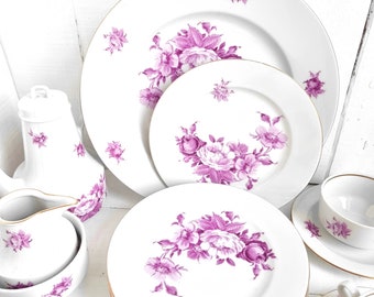 Zeldzaam Helena koffieservies met roze bloemen, Henneberg porseleinen servies, DDR, intens roze decor, porseleinen servies, koffieservies uit het midden van de vorige eeuw