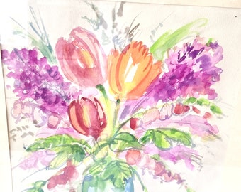 Levendig origineel vintage aquarel stilleven boeket van roze, oranje en gele bloemen; levendig cottage tuin schilderij; oud boho bloemen schilderij