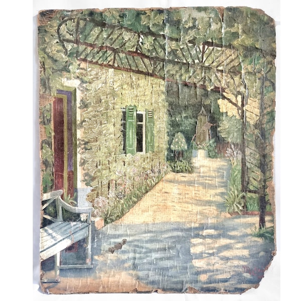 Altes Öl Gemälde Patio, Shabby-Chic Garten Pergola Holzbank, Frankreich Landhaus Deko, Stimmungsvolle Momentaufnahme Mittagshitze Grün Beige