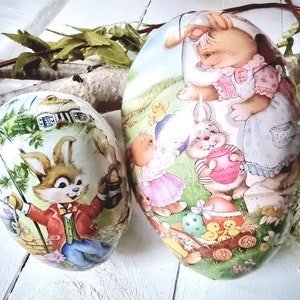 Vintage papier-maché paaseieren decoratie, eieren vullen met karton, kleurrijke konijntjes, voor paasnest, konijntjeskinderen, harmonieuze landhuiseieren, Pasen