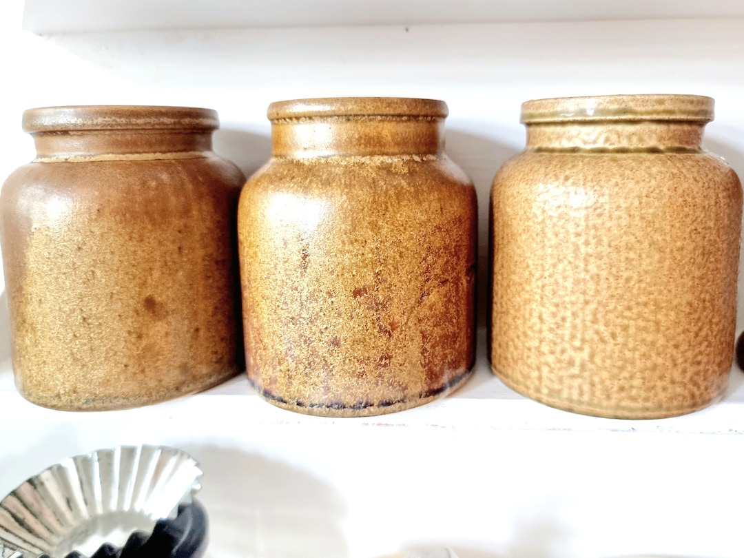 Set 3x Vintage Mustard Pot Salt Glazed Stoneware Brown Old Etsy