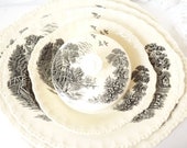 Large plates Art Deco Grindley Meadow Brook Transferware England, vintage tableware serving plate black and white sepia ceramics, country house