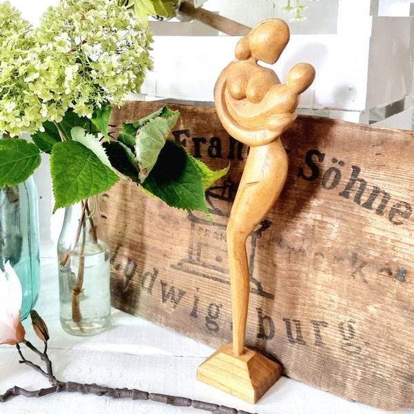 Muttertag, Große Vintage Skulptur Mutter mit Kind, Mid-Century Madonna Holzfigur, Geschenk Geburt, Boho Heiligenfigur, Figur Holz geschnitzt