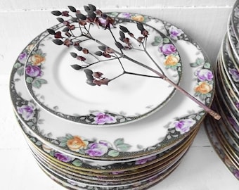 Art Nouveau Deco Hutschenreuther porseleinen bord, dinerbord, roos porselein, roze, oranje, zwarte rand, servies, antiek servies, bloemig