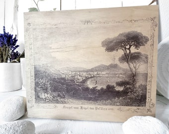 Wooden box, antique engraving, 19th century, Bay of Naples, Vesuvius, pine trees, antique cityscape, wine box, romantic travel, gift, wedding box